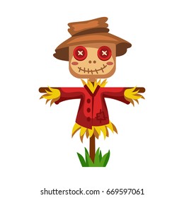 Cartoon scarecrow of straw in a red shirt and hat, buttons instead of eyes