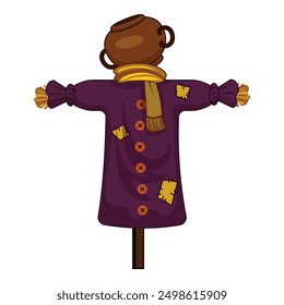 Cartoon scarecrow wearing a purple patched shirt and a yellow scarf, scaring birds away