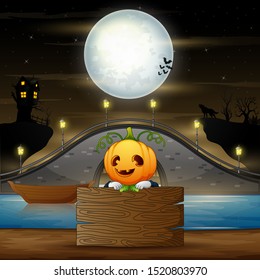 Cartoon scarecrow with wooden board in halloween night