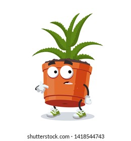 cartoon scared aloe vera plant in a pot mascot in sneakers on a white background