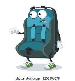 cartoon scared baby car seat mascot in sneakers on a white background