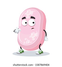 cartoon scared bar of pink soap mascot in sneakers on a white background
