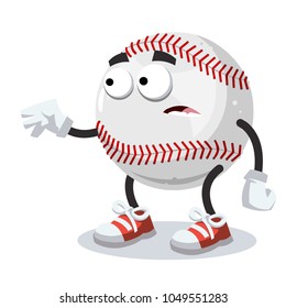 cartoon scared baseball ball mascot in sneakers on a white background