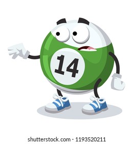 cartoon scared billiard ball mascot in sneakers on a white background