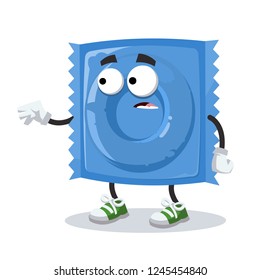 cartoon scared blue condom pack mascot in sneakers on a white background