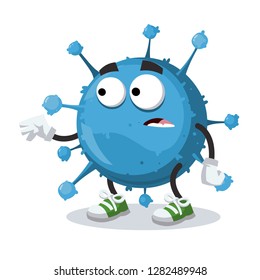cartoon scared blue virus cell mascot in sneakers on a white background