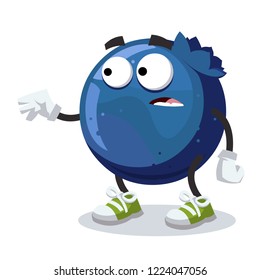 cartoon scared blueberry mascot in sneakers on a white background