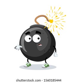 cartoon scared bomb with a burning wick mascot in sneakers on a white background