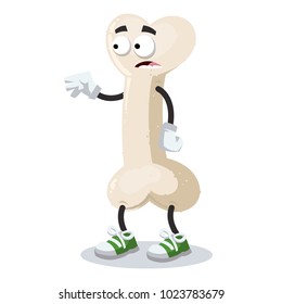 cartoon scared bone mascot in sneakers on a white background