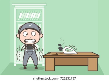 Cartoon Scared Boy After See Heated Iron Vector Illustration