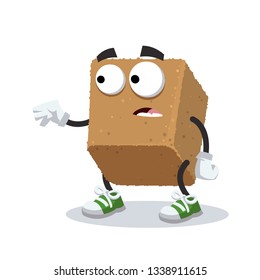 cartoon scared brown cane sugar cube mascot in sneakers on a white background
