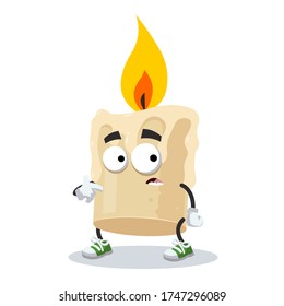 cartoon scared burning wax candle mascot in sneakers on a white background