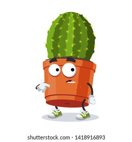 cartoon scared cactus plant in a pot mascot in sneakers on a white background