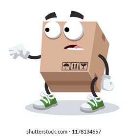 cartoon scared cardboard box mascot in sneakers on a white background