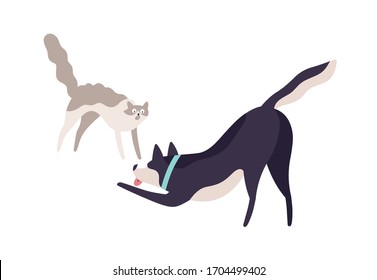 Cartoon Scared Cat And Excited Dog Fighting Vector Flat Illustration. Cute Colorful Domestic Animal Playing Together Isolated On White Background. Two Angry Pet Having Aggressive Each Other