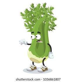 cartoon scared celery mascot in sneakers on a white background