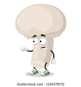 cartoon scared champignon mascot in sneakers on a white background