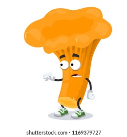 cartoon scared chanterelle mascot in sneakers on a white background
