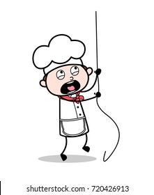 Cartoon Scared Chef Trying to Climb Rope Vector Illustration