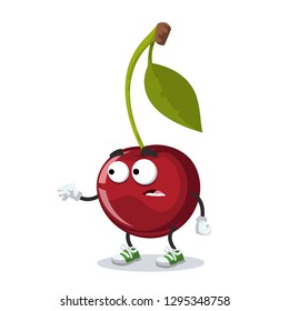 cartoon scared cherry berry on a branch with a leaf mascot in sneakers on a white background