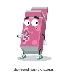 cartoon scared Chewing Bubble Gum in Pink Pack mascot in sneakers on a white background