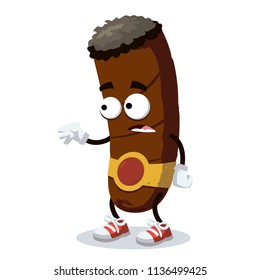 cartoon scared cigar mascot in sneakers on a white background