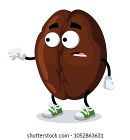 cartoon scared coffee bean mascot in sneakers on a white background