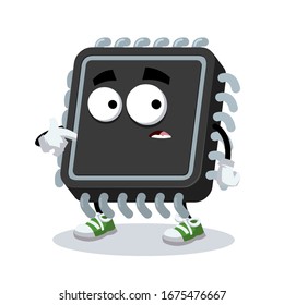 cartoon scared computer cpu hardware microchip mascot in sneakers on a white background