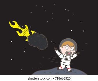 Cartoon Scared Cosmonaut Running Away from Asteroid Vector Illustration