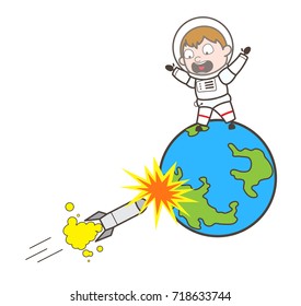 Cartoon Scared Cosmonaut Try to Escape from Rocket Vector Illustration