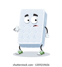 cartoon scared double white sleeping mattress mascot in sneakers on a white background