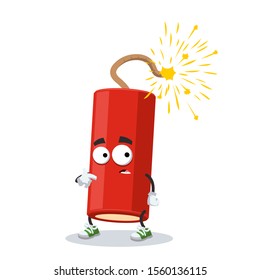 cartoon scared dynamite stick with a lit wick mascot in sneakers on a white background