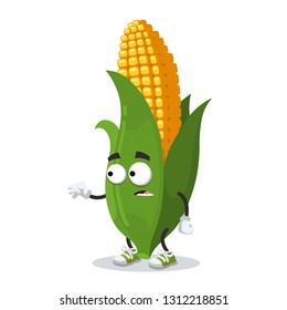 cartoon scared ear of corn mascot in sneakers on a white background isolated