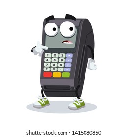 cartoon scared EDC card swipe machine mascot in sneakers on a white background