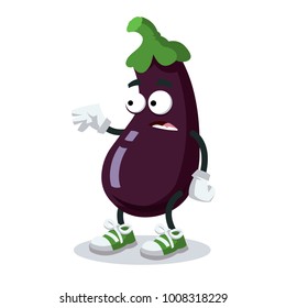 cartoon scared eggplant in sneakers on a white background