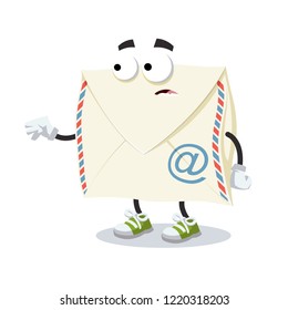 cartoon scared envelope with a email symbol mascot in sneakers on a white background