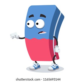 cartoon scared eraser mascot in sneakers on a white background