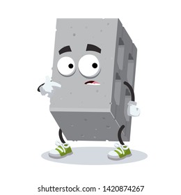 cartoon scared foam concrete construction block mascot in sneakers on a white background