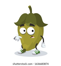 cartoon scared fresh green jojoba fruit mascot in sneakers on a white background