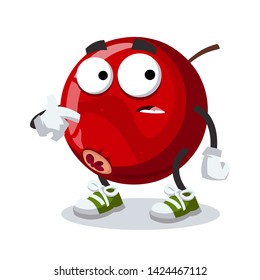 cartoon scared fresh tasty red cranberry mascot in sneakers on a white background