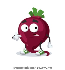 cartoon scared fresh whole red beetroot mascot in sneakers on a white background