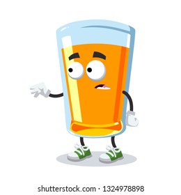 cartoon scared glass of orange juice mascot in sneakers on a white background
