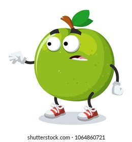 cartoon scared green apple mascot in sneakers on a white background