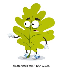 cartoon scared green oak leaf mascot in sneakers on a white background