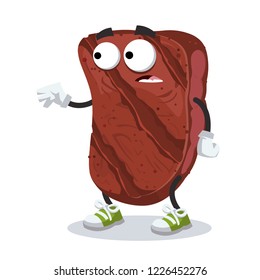 cartoon scared grilled marbled beef steak mascot in sneakers on a white background