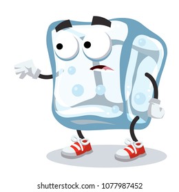 Cartoon Scared Ice Cube Mascot In Sneakers On A White Background