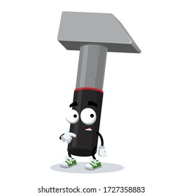 cartoon scared iron hammer with rubberized handle mascot in sneakers on a white background
