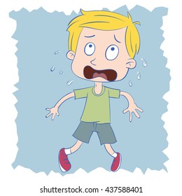 cartoon scared kid standing against the wall