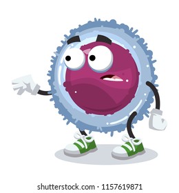 cartoon scared lymphocyte cell mascot in sneakers on a white background