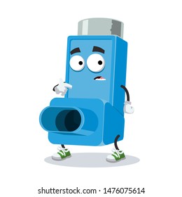 cartoon scared medical allergy asthma inhaler mascot in sneakers on a white background